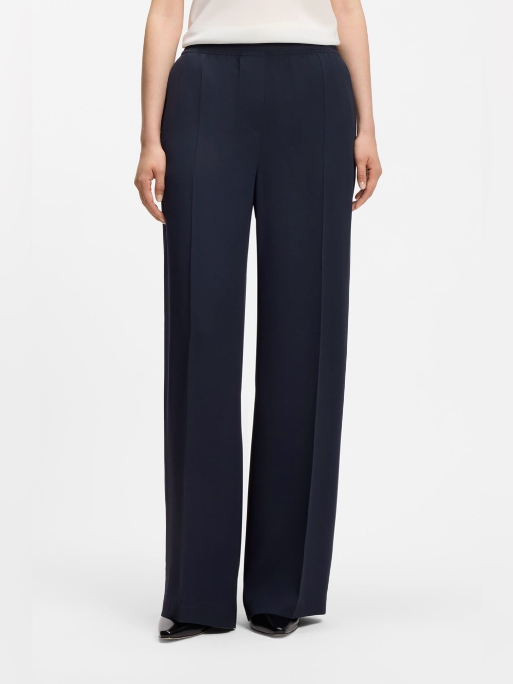 Vintage 90s Navy Blue Straight Leg Relaxed Fit Pleated Crepe Trousers Slacks